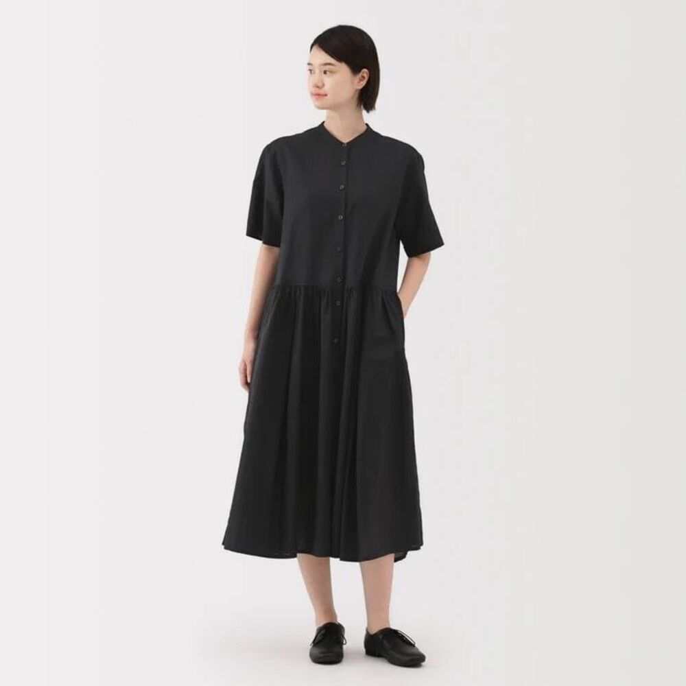 Muji True Hemp Lagenlook Black Button Midi Short Sleeve Boho Dress Size XS